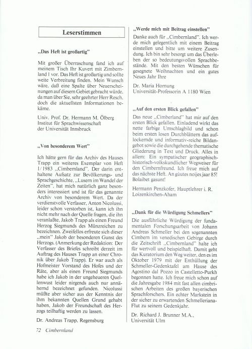 Leserbriefe zur ersten Ausgabe von "Cimbernland"