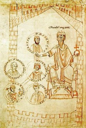 Umrahmt von Mauerzügen sitzt Konrad II. auf einem Thron. In der linken Hand hält er den Reichsapfel, in der rechten ein Medaillon mit dem Brustbild seines Sohnes und Nachfolgers Heinrich III. Darunter wird Heinrich IV. dargestellt und unter diesem dessen