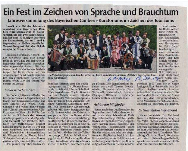 Beitrag von Jakob Oßner zur Jahreshauptversammlung 2019 in Landshut aus der Landshuter Zeitung vom 10.07.2019
